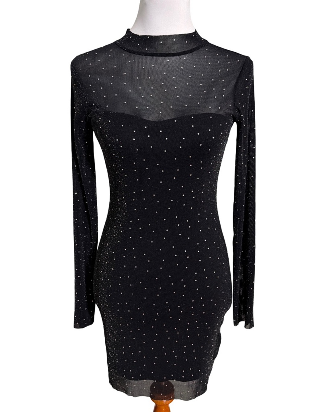 Francesca's Collections Black Long Sleeve Sheer Rhinestone Mini Dress